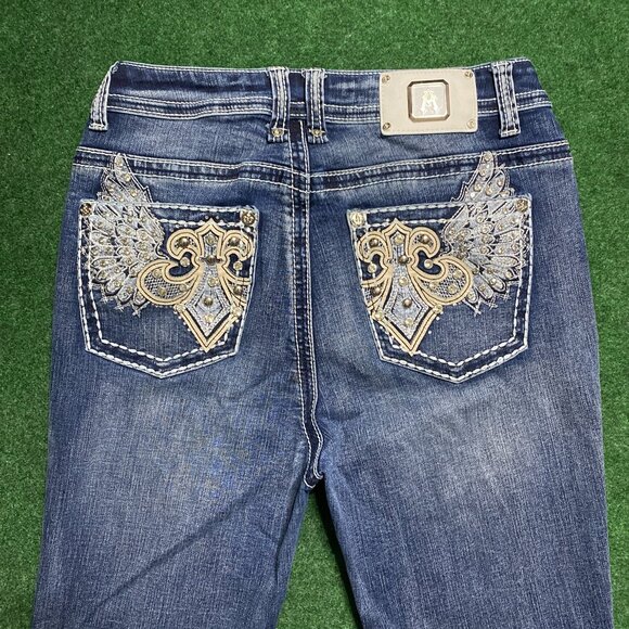 Women’s Answer Me Fleur De Lis Rhinestone Jeans Dark Wash (Unsized, Est. 29) - Picture 4 of 6